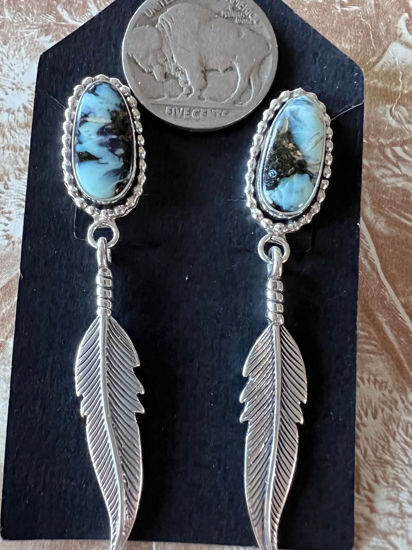 Native Navajo Handmade Sterling & New Lander Variscite Dangle Post Earrings 1 3/8β