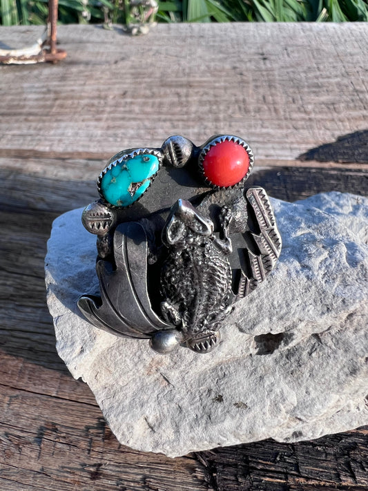 Vintage Native American Handmade Sterling, Mediterranean Coral & Turquoise Horny Toad Ring 1.5β Sz 7