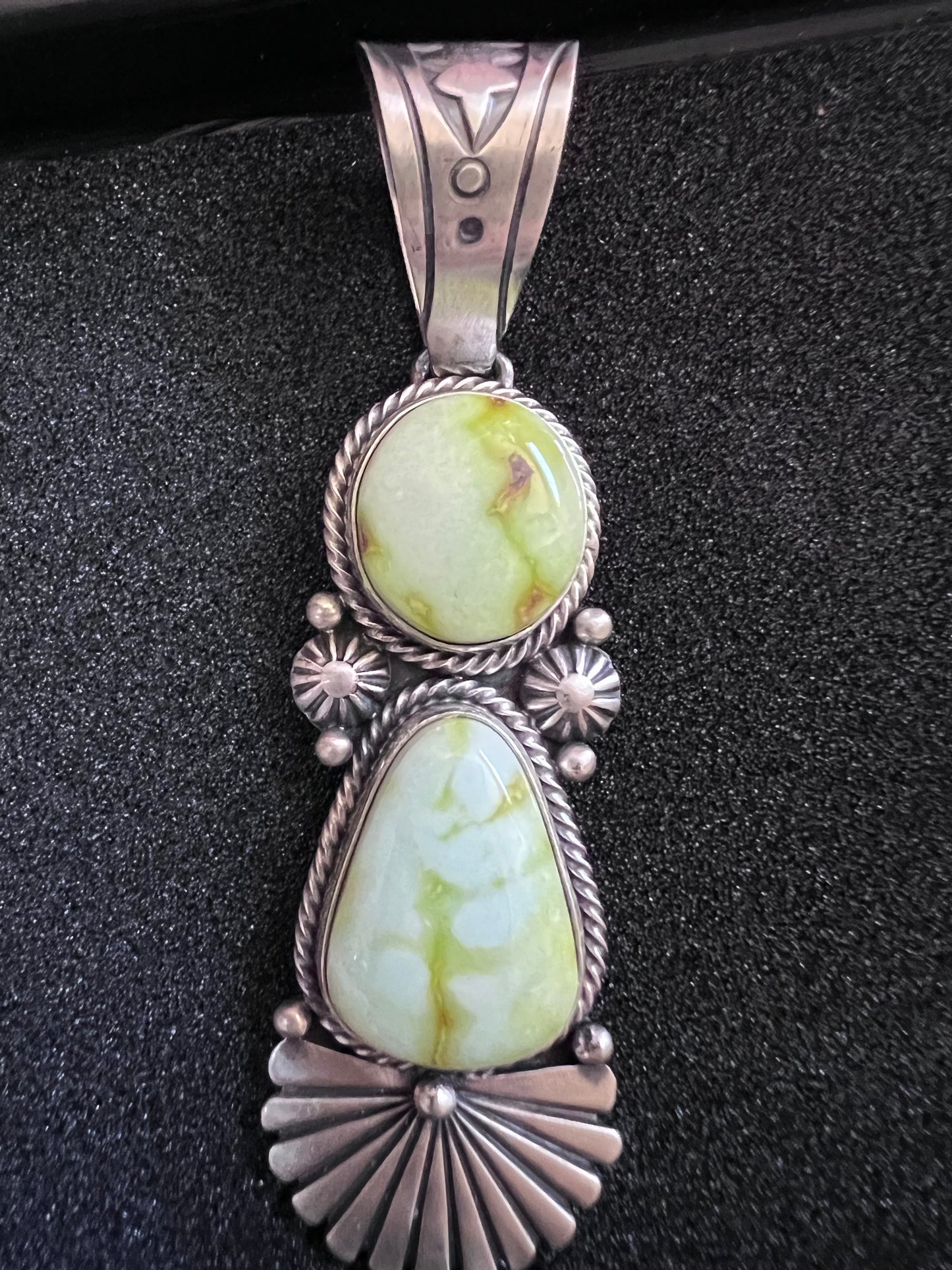 Native American Handmade by D. Benally Sterling & Palomino Variscite 2-Stone Pendant 3”