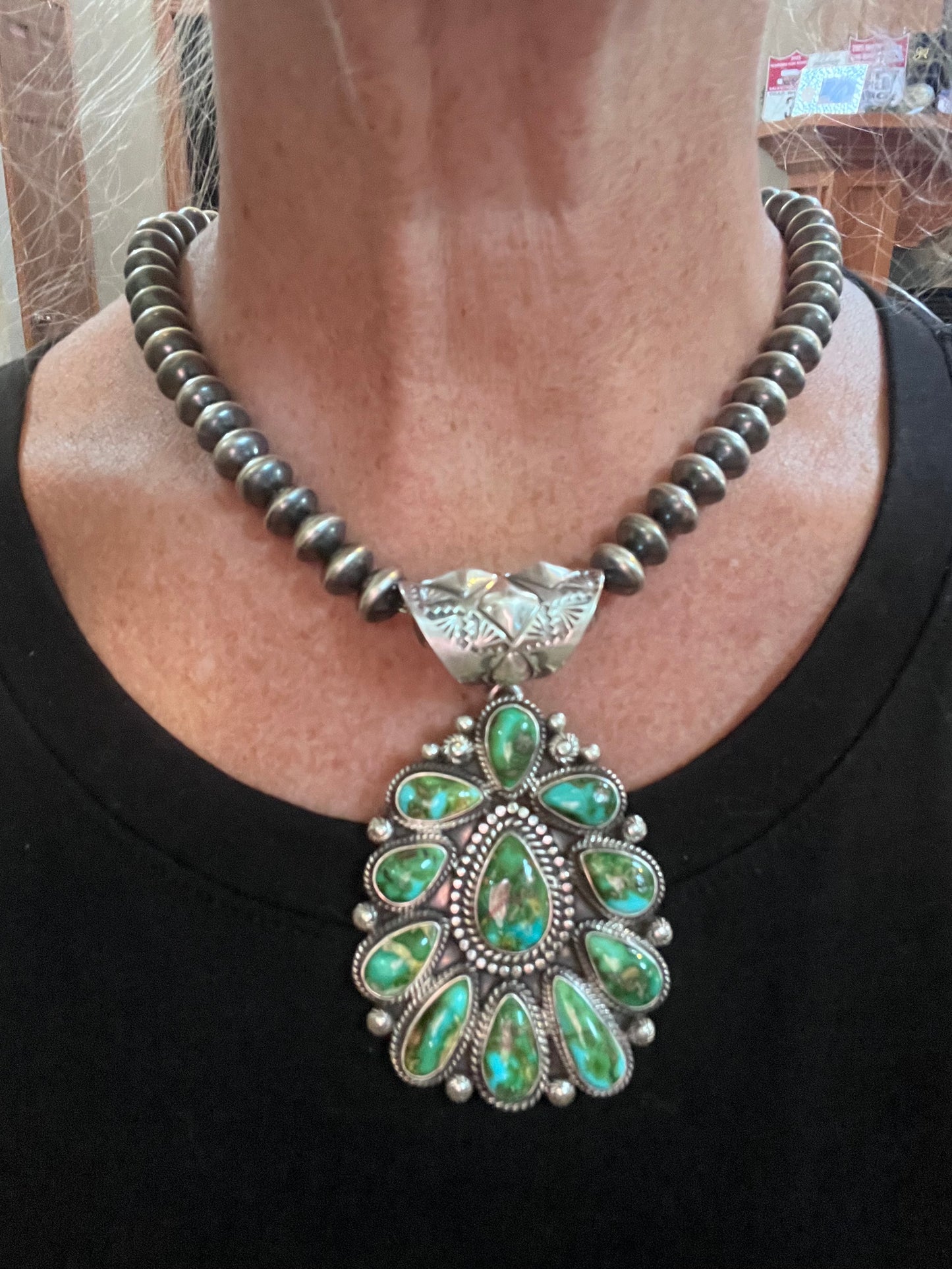 Navajo Handmade by Tyler Brown- Statement Piece!! Sonoran Gold Turquoise & Sterling Cluster Pendant with Detachable Bale- Shepherds Hook Option 3.5”x 2”