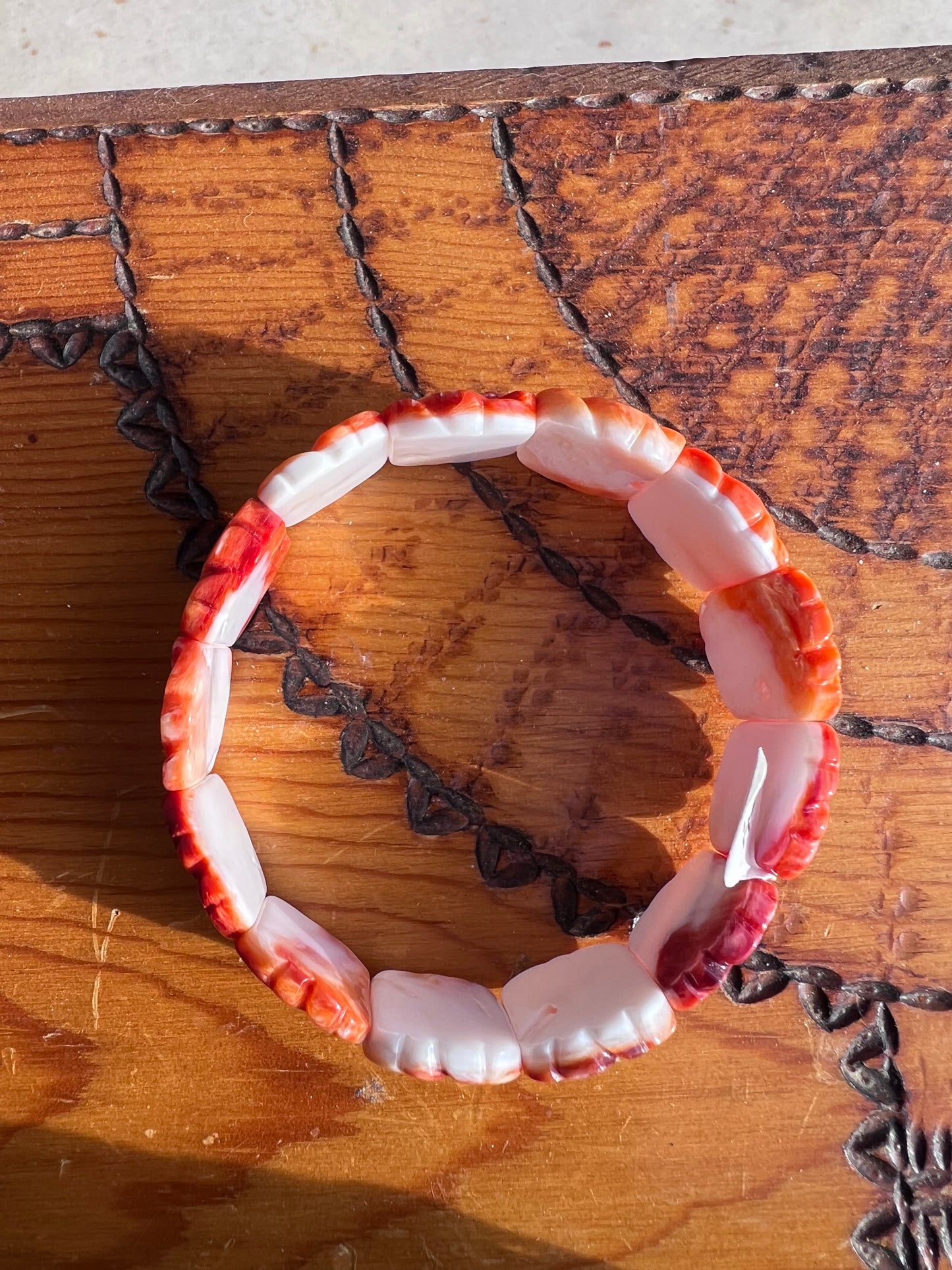 Orange Spiny Oyster Carved Rose Stretch Bracelet