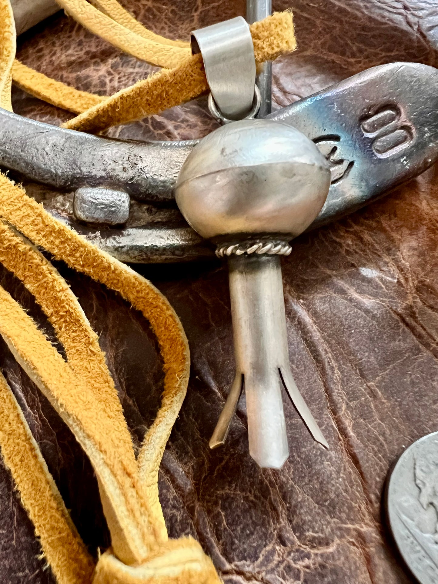 Navajo Handmade by Monica Smith, Sterling Silver Blossom Pendant on Deer Leather Lace Necklace 24”