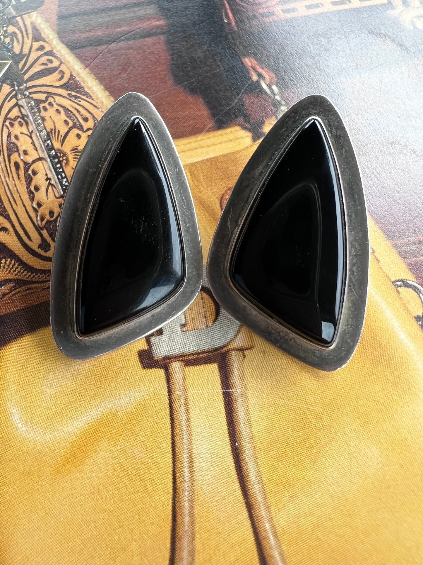 Vintage Native Navajo Handmade Sterling & Black Onyx Post Earrings Sz 1.5β