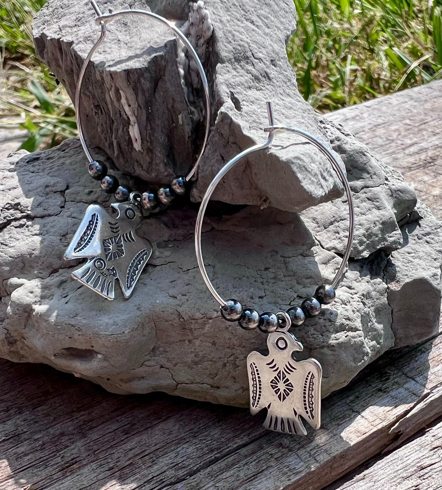 Sterling Silver Thunderbird & 3mm Oxidized Beads Hoop Earrings 1.8”