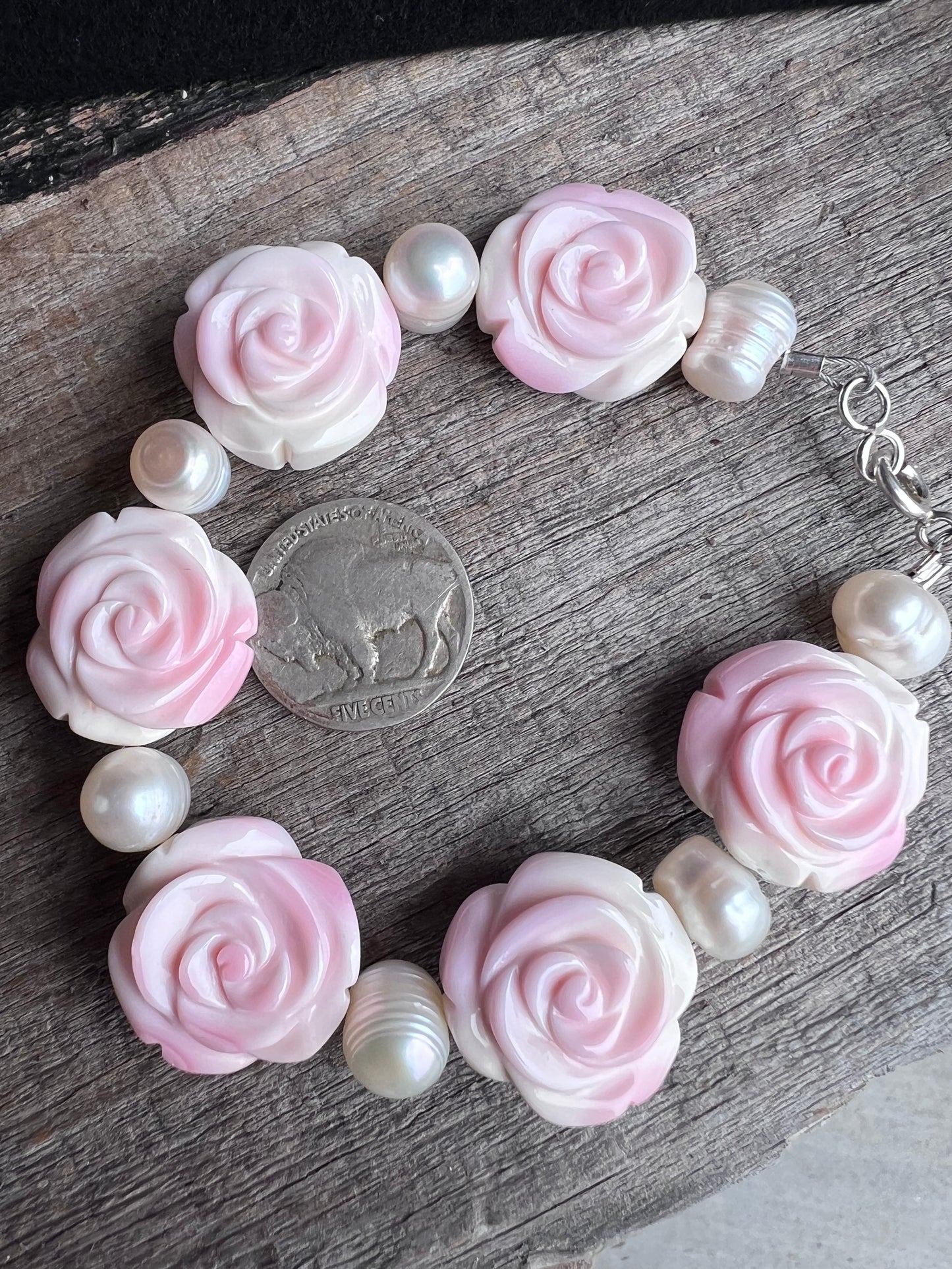 Pink Conch Shell Carved Rose & Natural Freshwater Pearl Necklace, Bracelet & Earrings Set