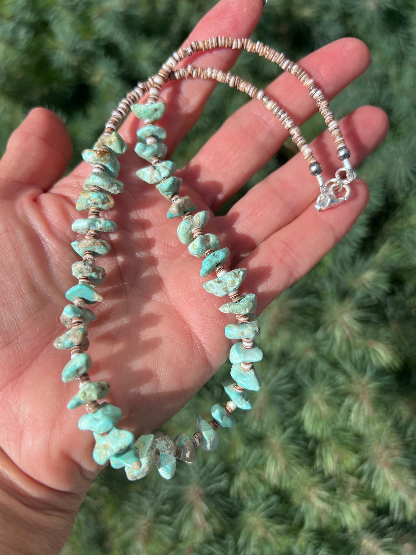 Handmade Chunky Campitos Turquoise Nugget (13mm) & Olive Shell Heishi (3mm) Necklace 18β w/Sterling Clasp & Beads