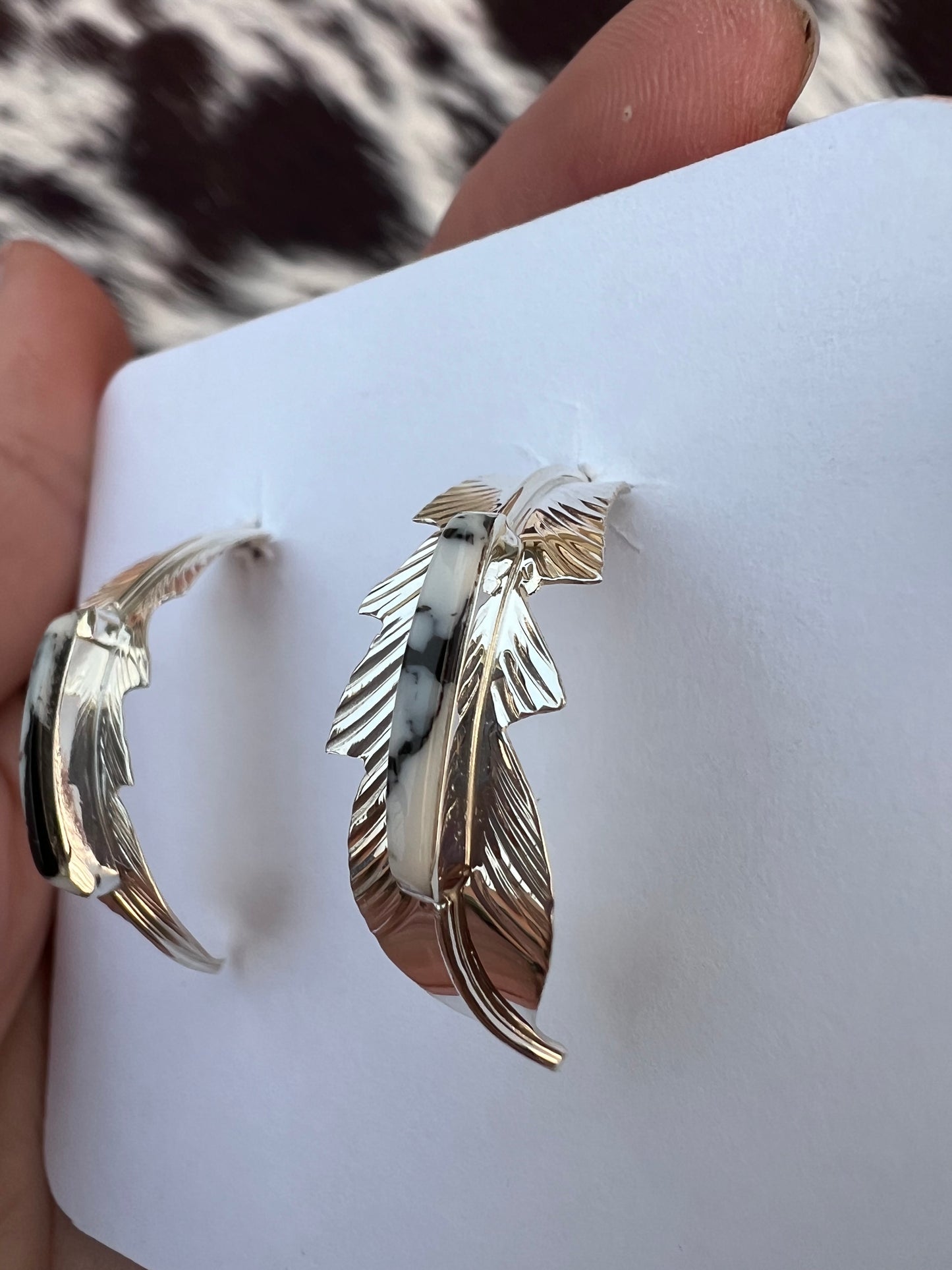 Native American Handmade by Barney. Sterling Silver & White Buffalo Half-hoop Post Earring 1β