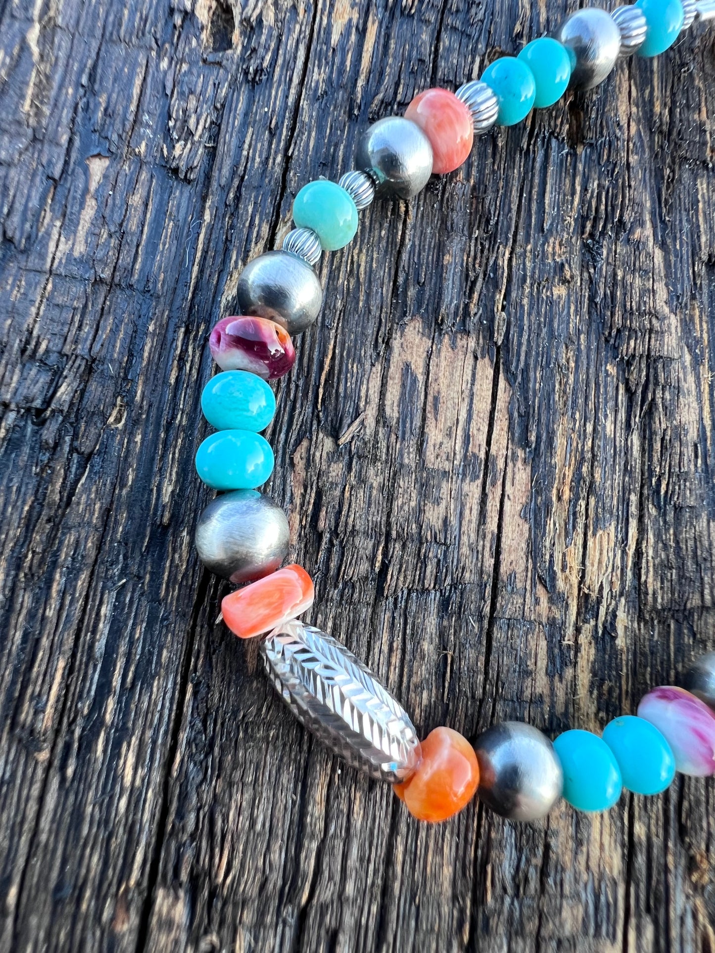 Sterling Bead, Turquoise & Spiney Bracelet 7-8β