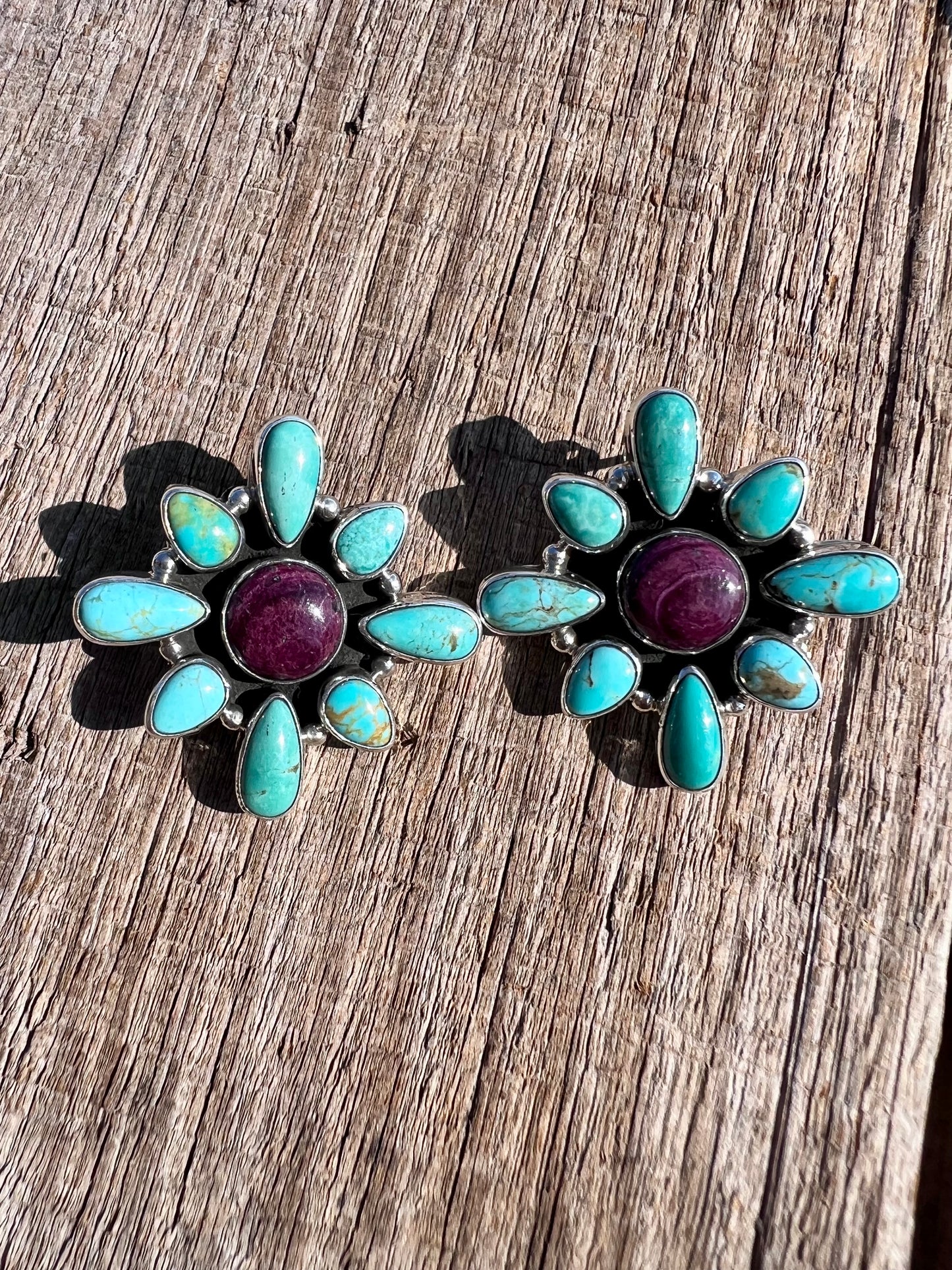 Native Handmade Sterling, Campitos Turquoise & Purple Spiney Purple Post Earrings 1.5β