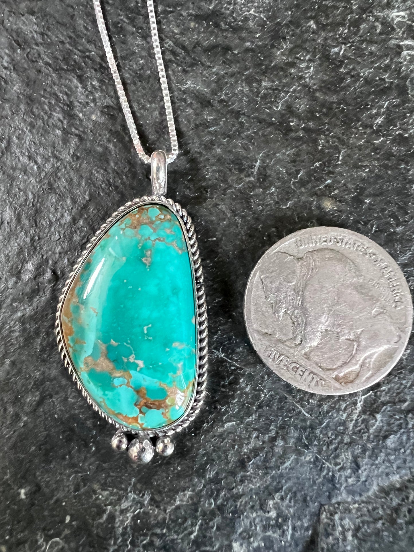 Native American Handmade Sterling & Carico Lake Turquoise Pendant(1.6β x.8β)on a Sterling Box Chain Necklace 16β