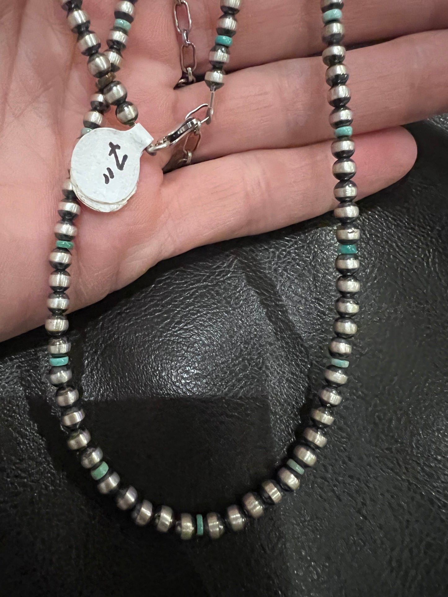 Sterling Silver Oxidized Pearls 4mm & Turquoise Bead Necklace 16-18” Bracelet Set 7”