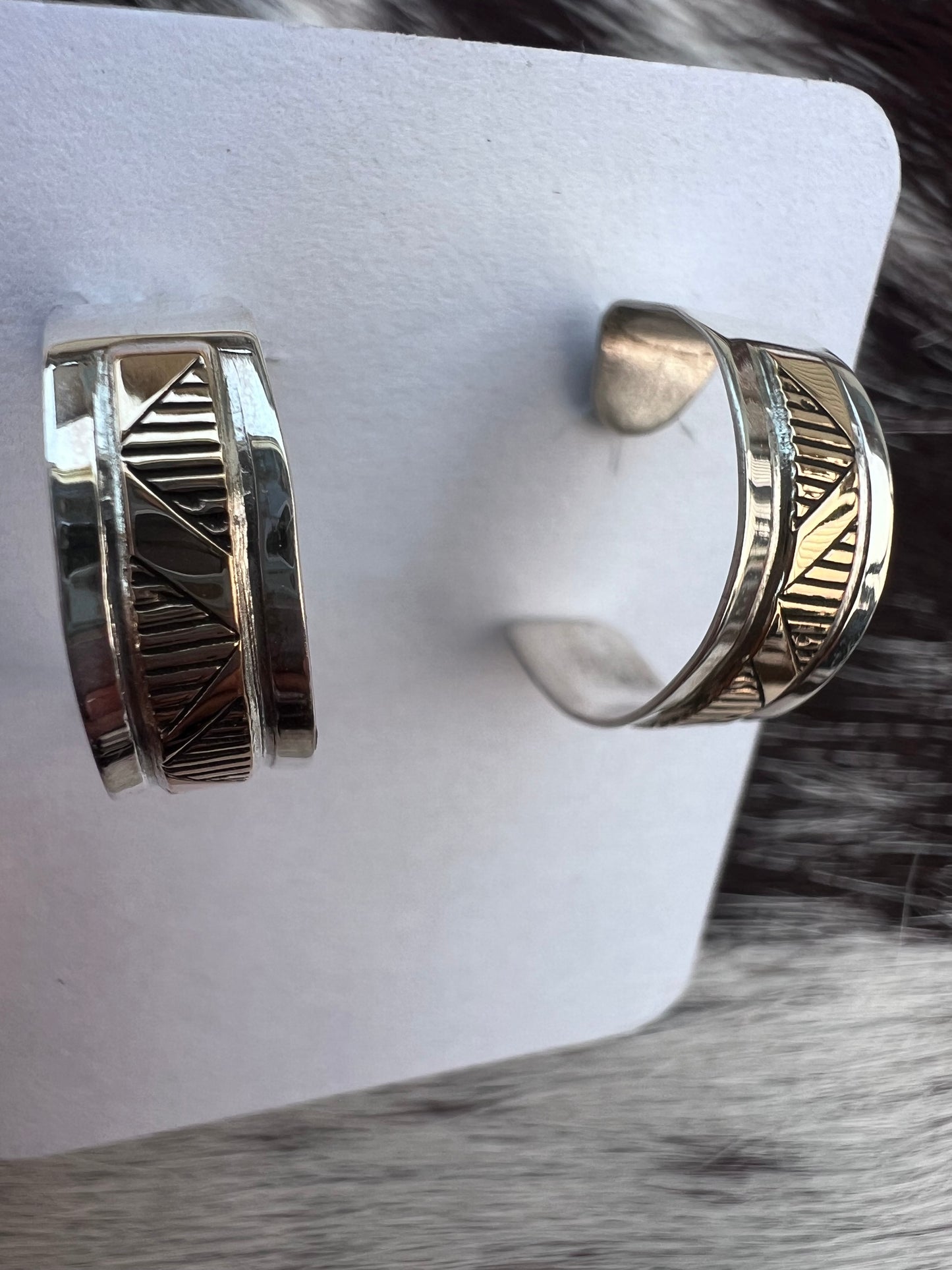 Native American Handmade Sterling w/Goldtone Overlay Southwest Design Small Post Hoop Earrings 1/2β