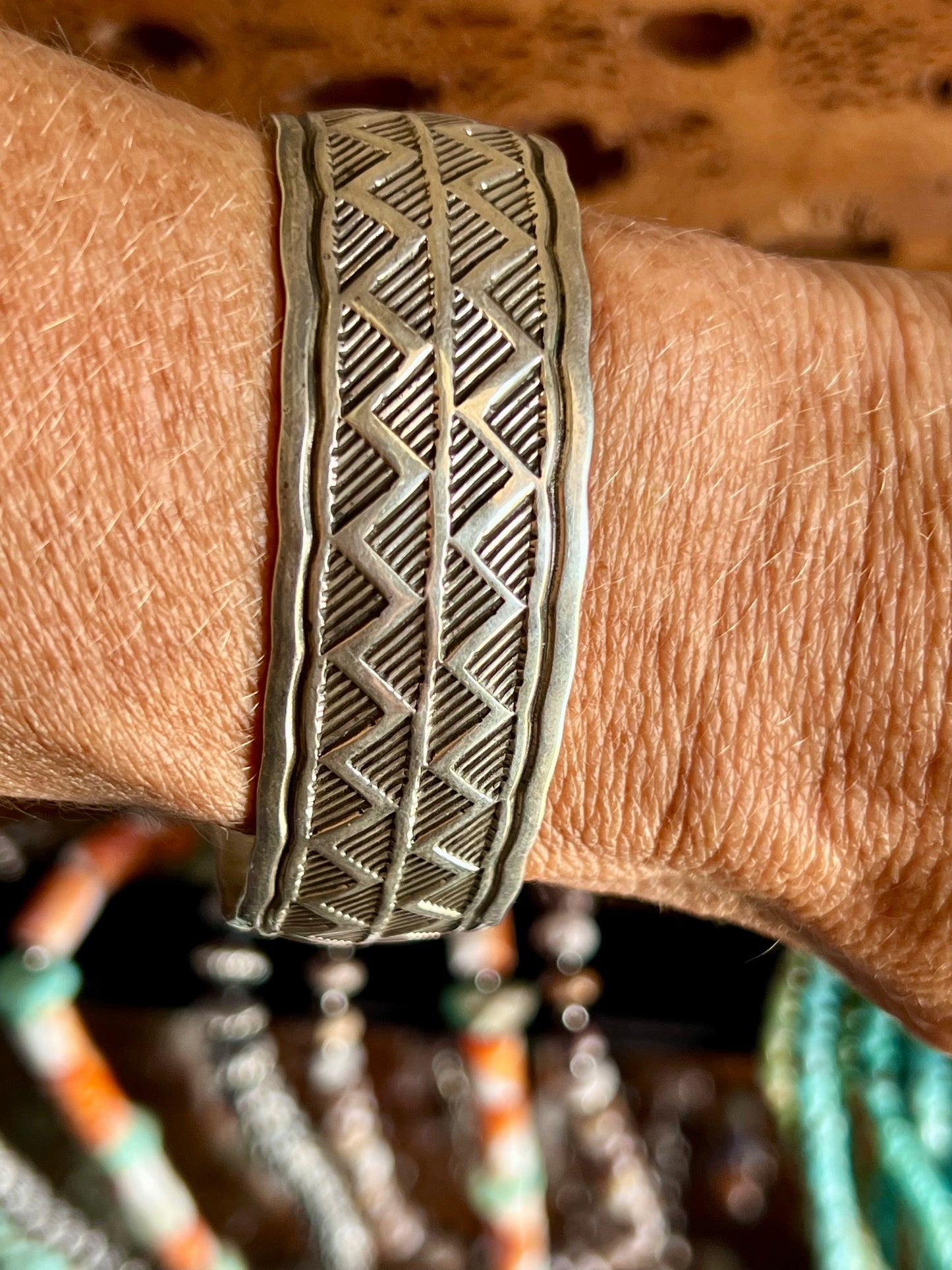 Vintage Native American Handmade Sterling Stamped Design Cuff Sz 7 1/4”