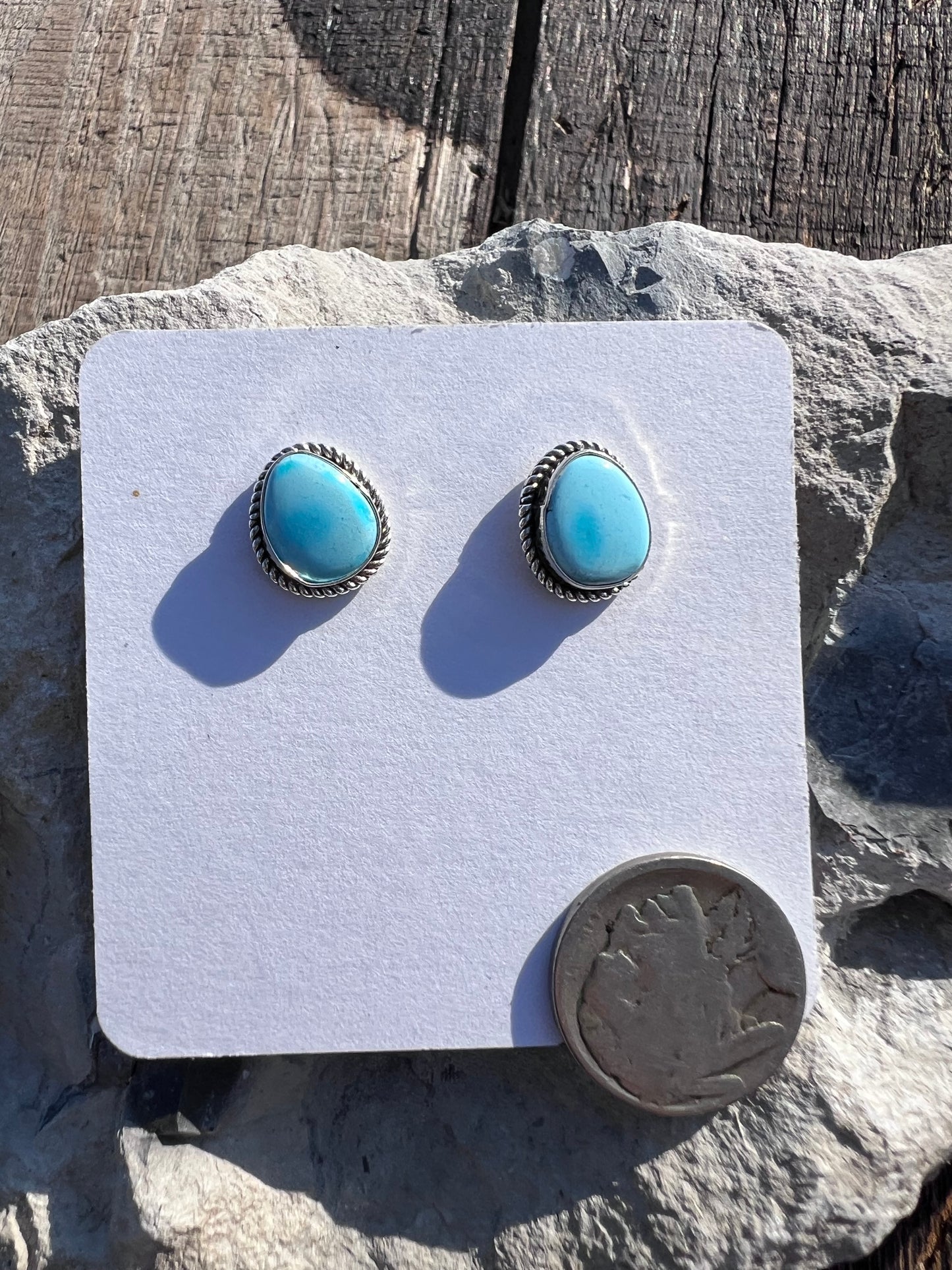 Handmade by Dustin Calvin, Sterling & Golden Hills Turquoise Post Earrings Sz 1/2”