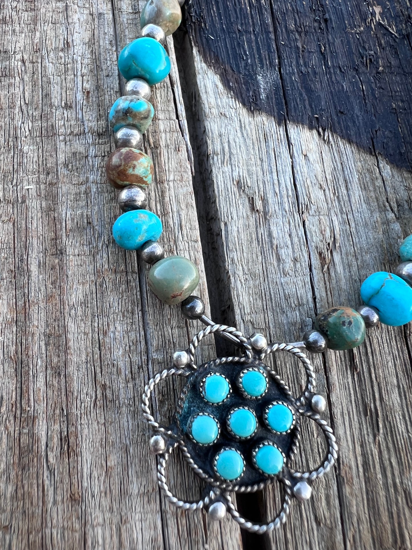 Vintage Turquoise Nugget(8mm), Sterling bead(5mm), Vintage Broach(11mm) Necklace 18β