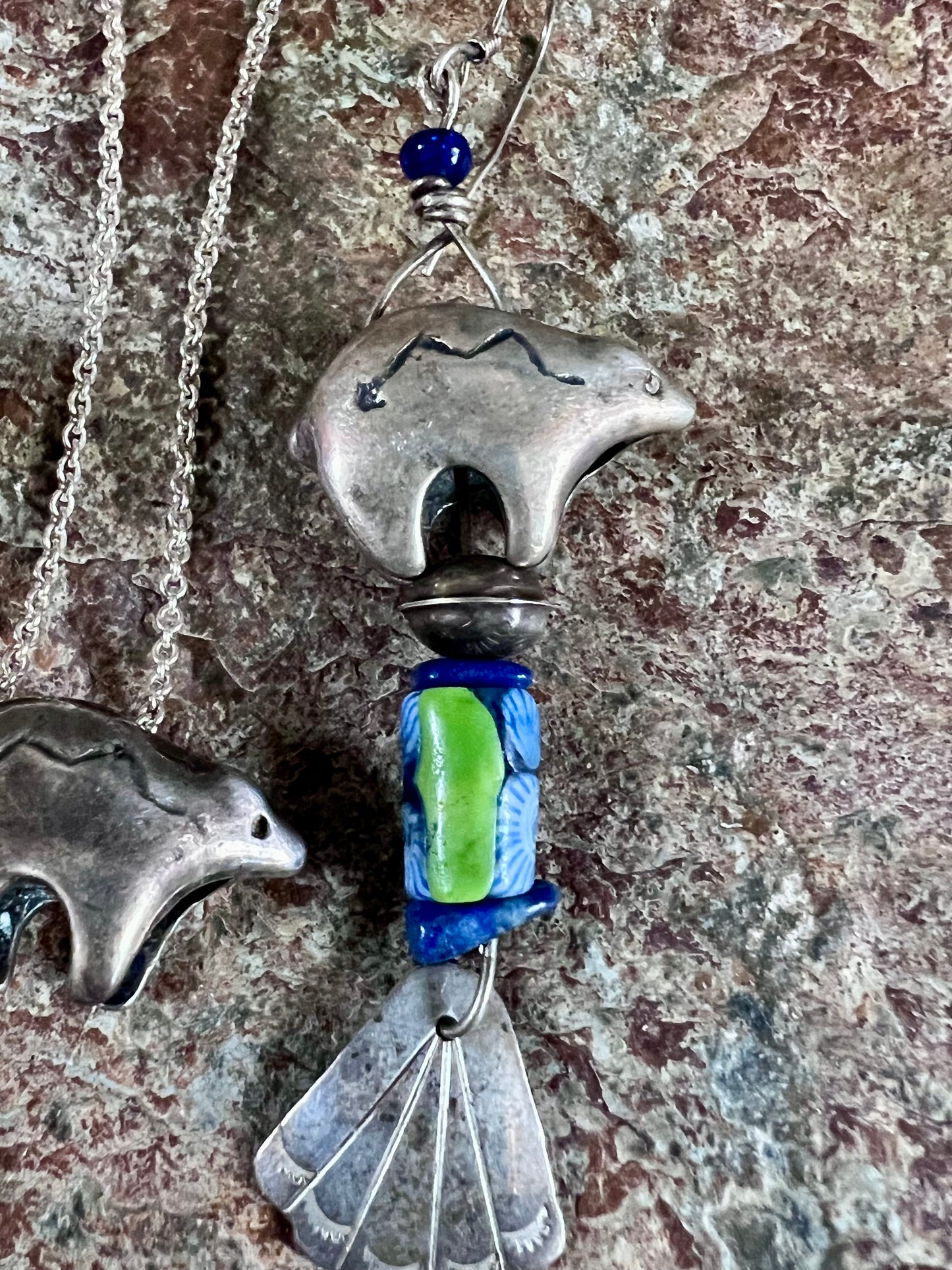 Native American Handmade Sterling, Turquoise, Lapis Bear Necklace 18”- Earrings 3.5” Set