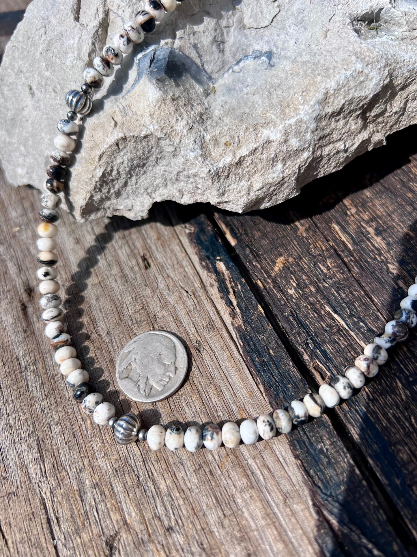 White Buffalo Rondelle Beads 6mm, Sterling Corrugated/round 3-8mm Necklace 19β