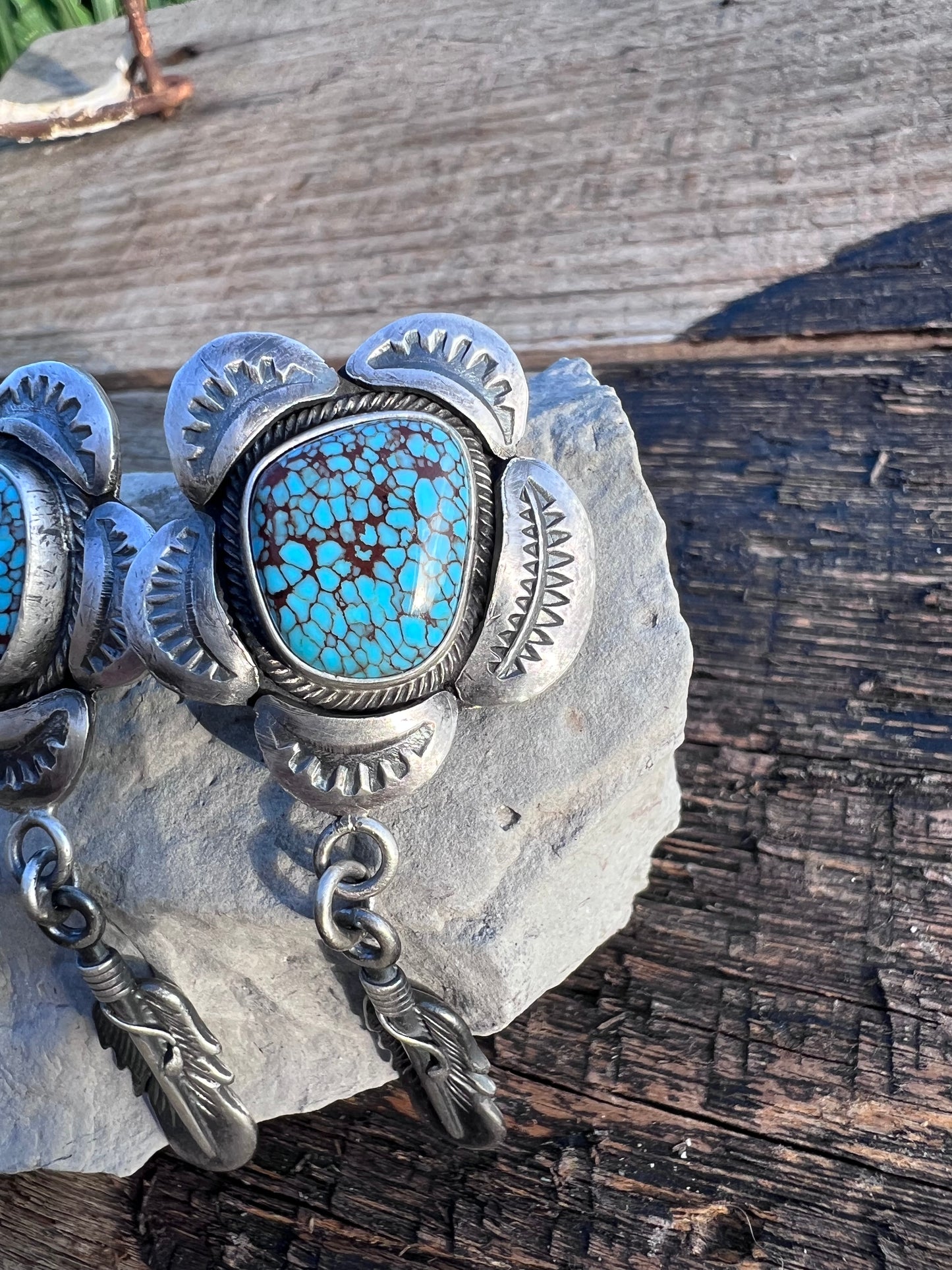 Native American Handmade Sterling & Egyptian Turquoise Flower & Feather Post Dangle Earrings 2 4/8β