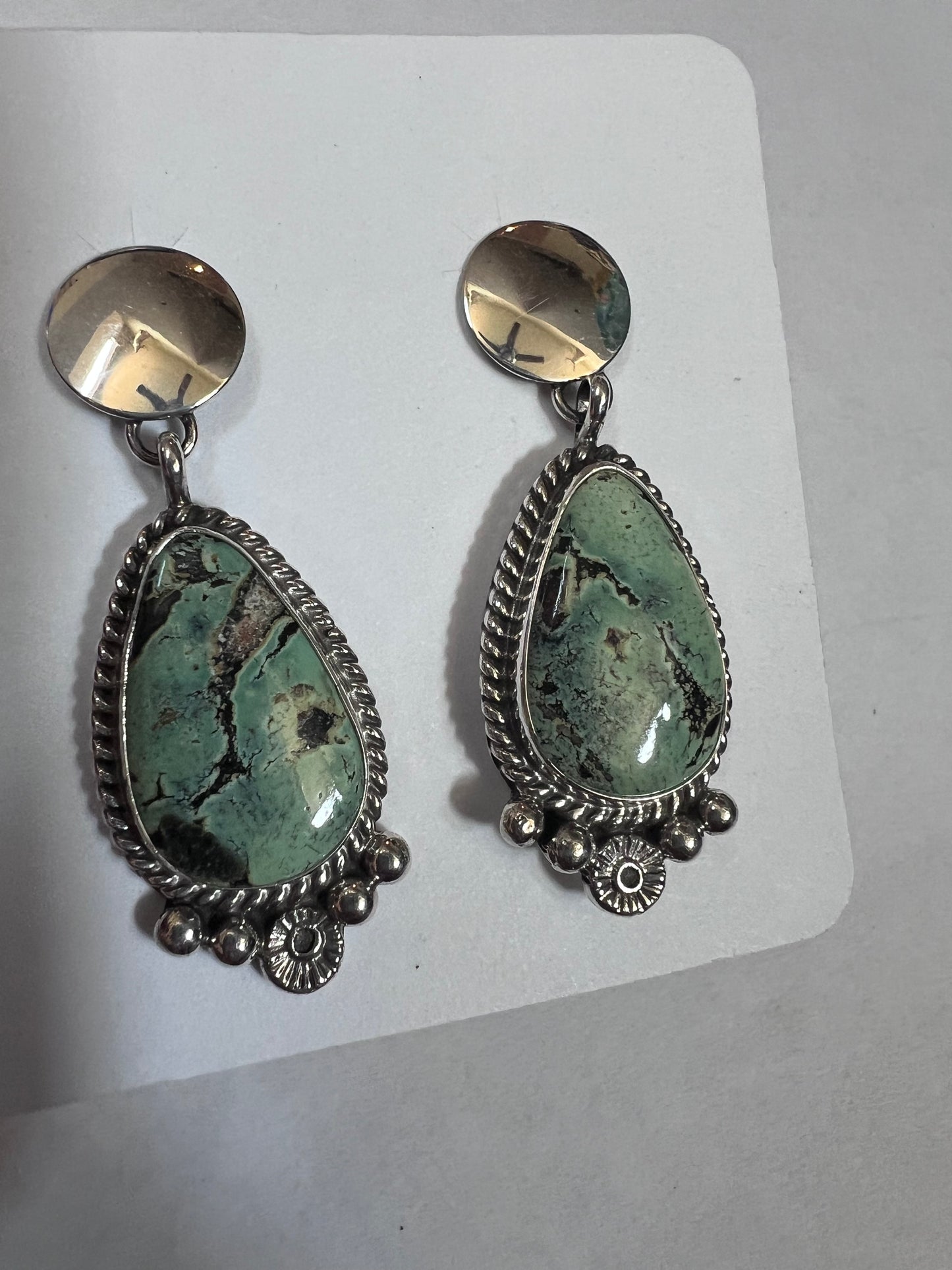Native American Handmade by Ella Linkin- New Lander Variscite Post Earrings 1.7β long