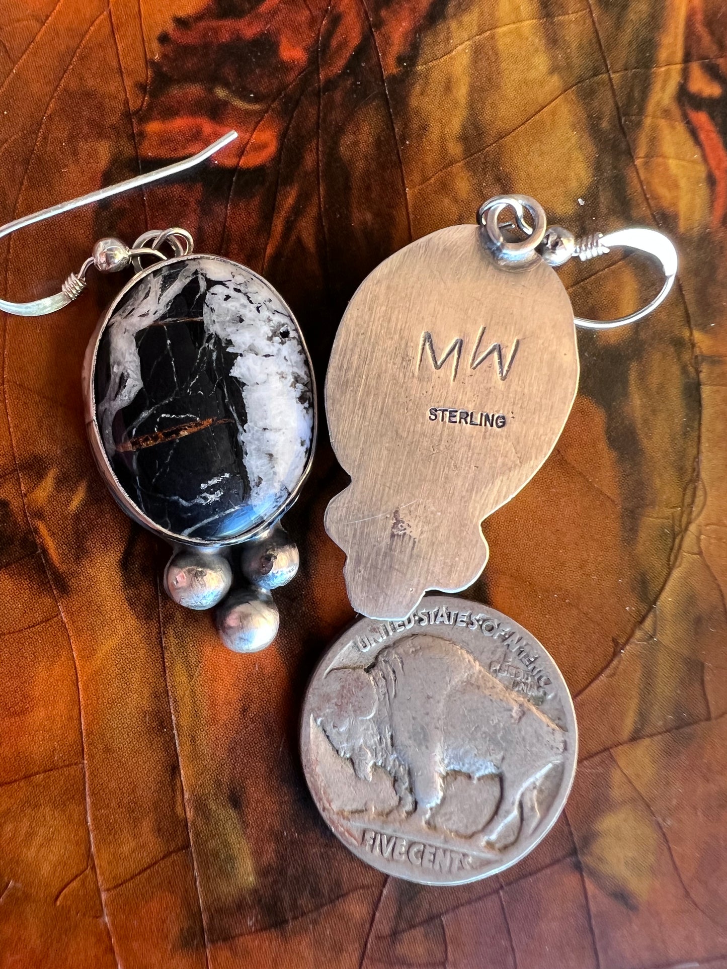 Native American Handmade by Miranda Willie.  White Buffalo & Sterling Dangle Earrings 2” length
