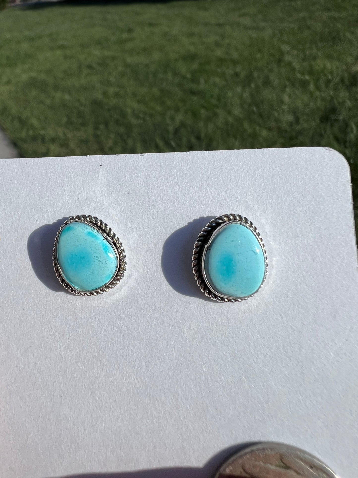 Handmade by Dustin Calvin, Sterling & Golden Hills Turquoise Post Earrings Sz 1/2”