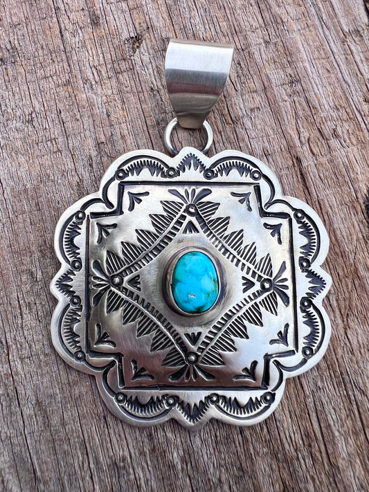 Native American Handmade by Arnold Blackgoat- Sterling & Webbed Kingman Turquoise Pendant 3β x 2.25β