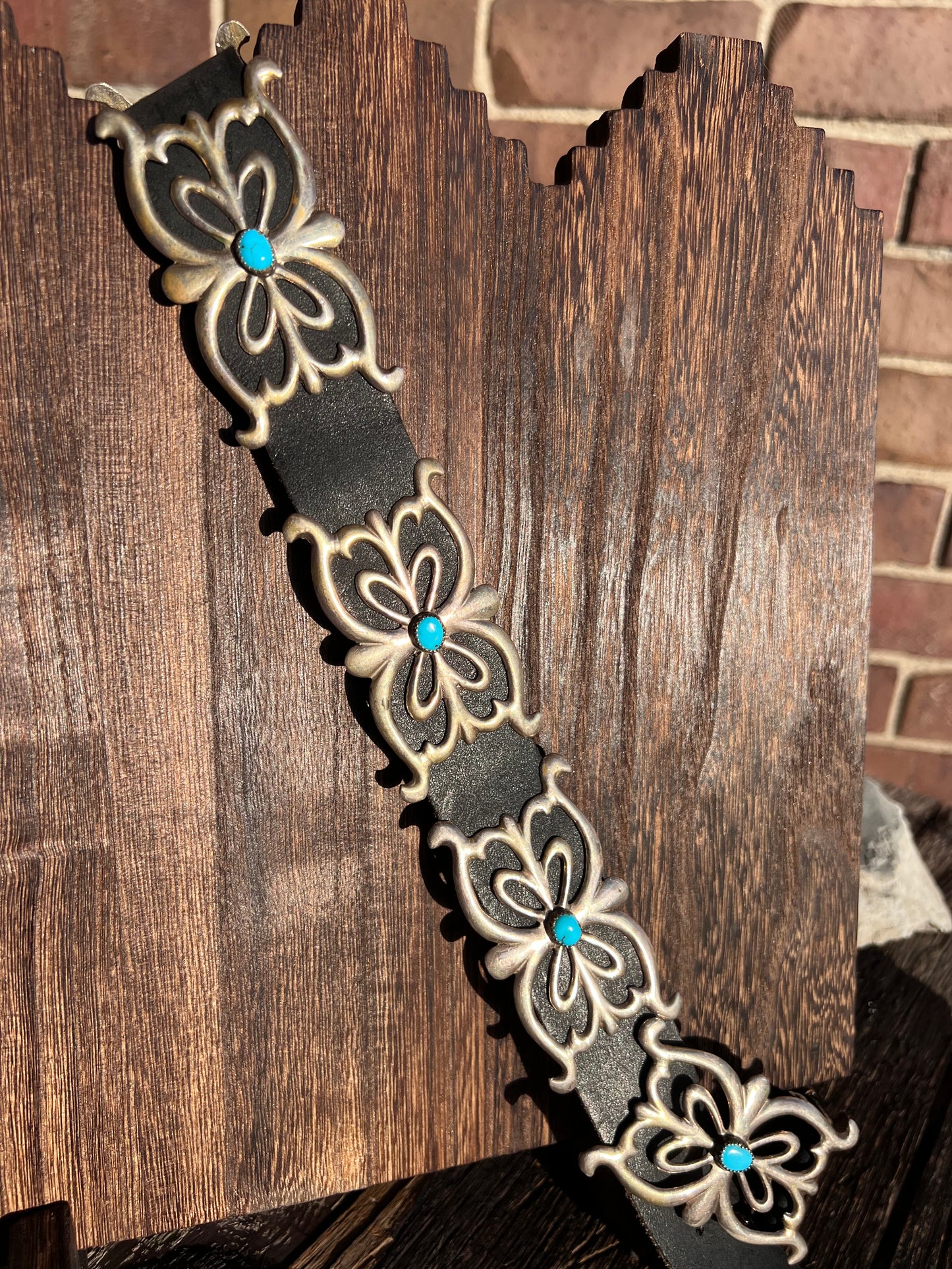 Vintage Navajo Handmade  Sterling Silver Sandcast Buckle Belt with Kingman Turquoise 35”