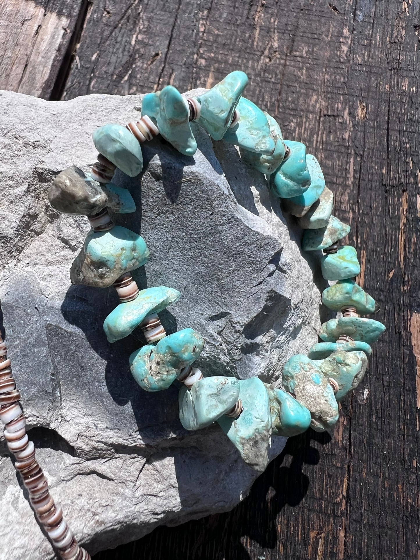 Handmade Chunky Campitos Turquoise, Olive Shell Heishi w/ Sterling Beads & Clasp Necklace & Bracelets Set