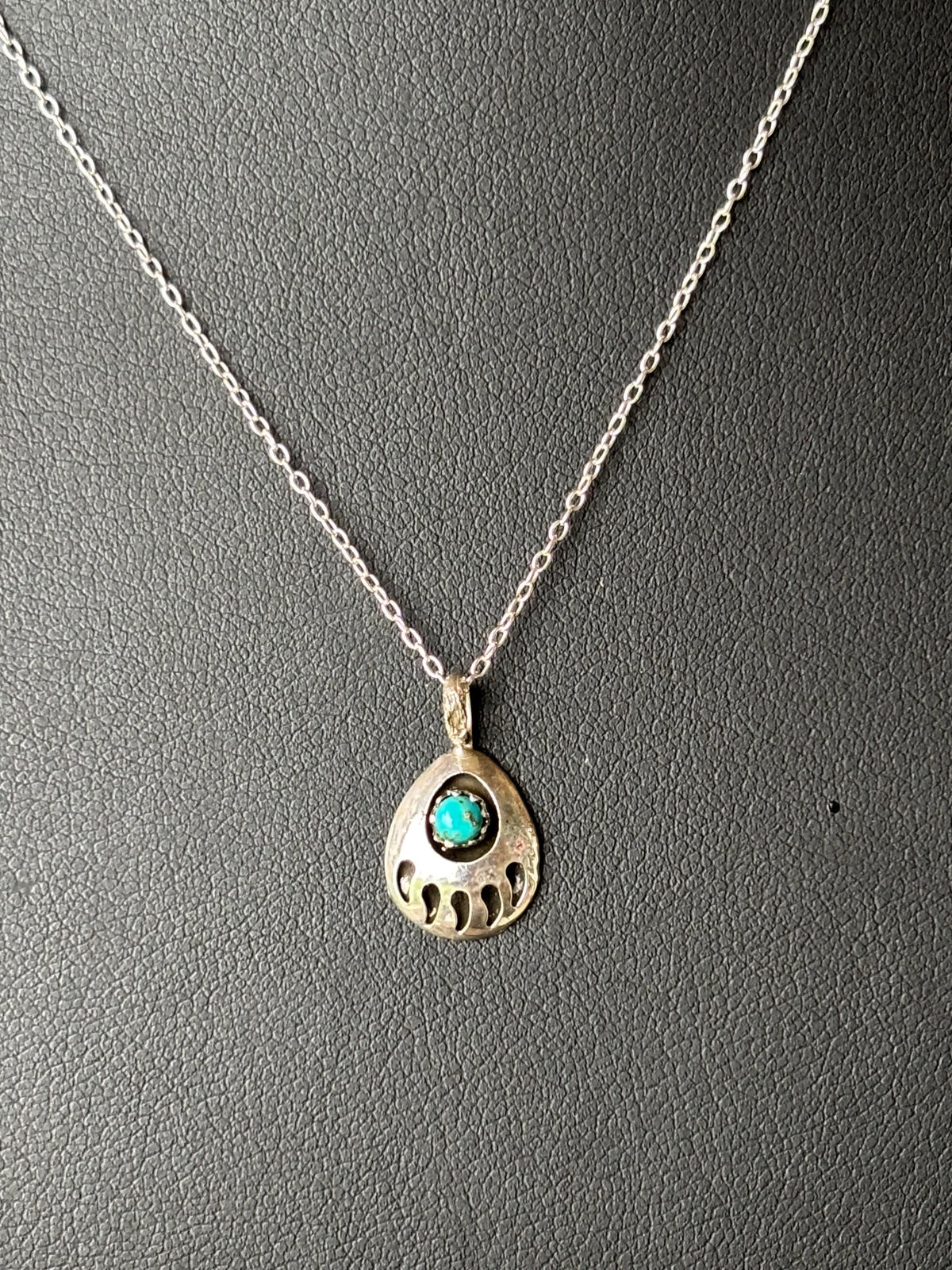Dainty Sterling Bear Paw Turquoise Pendant Necklace 18”