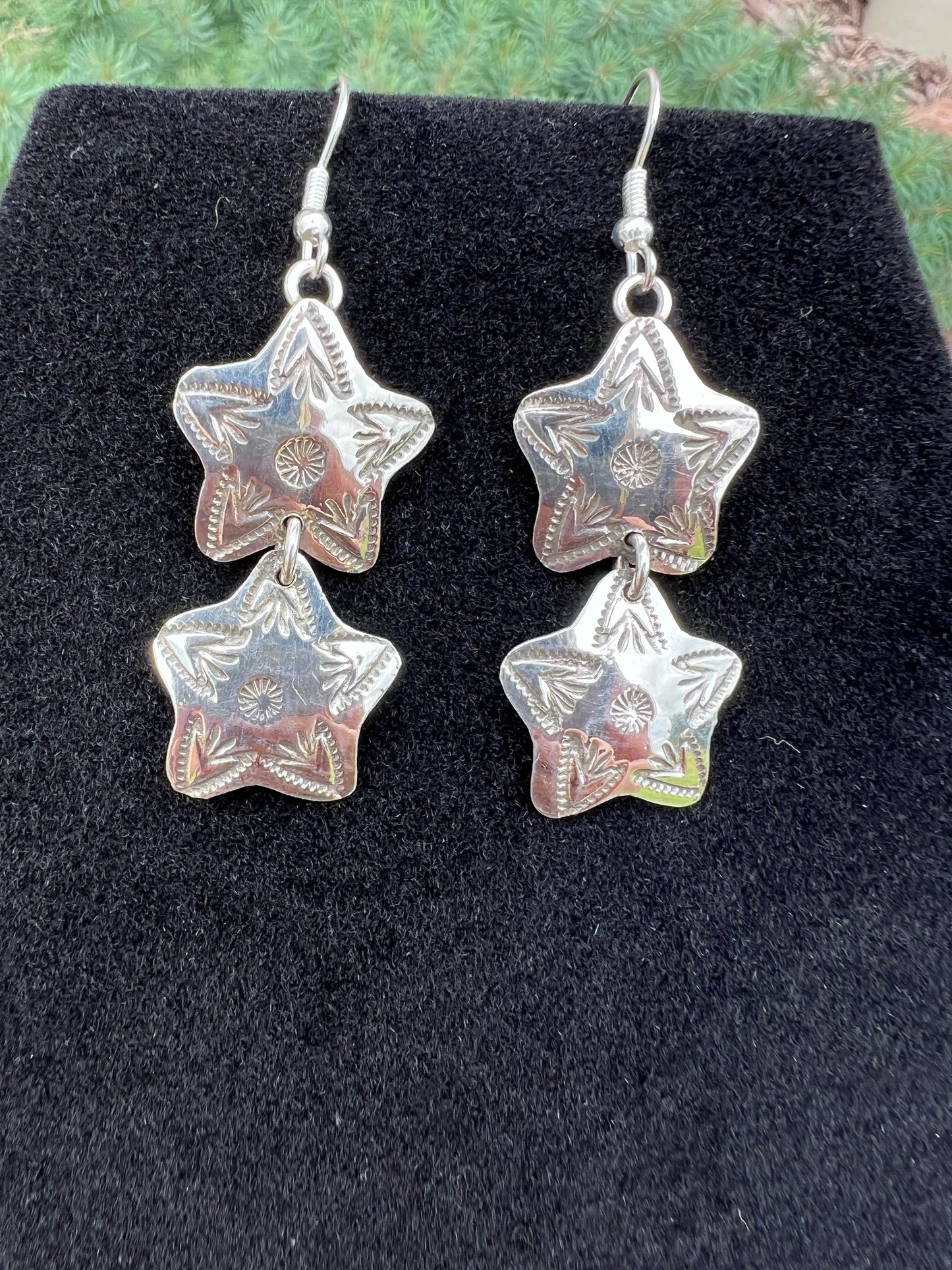 Native American Handmade by S. Willie. Sterling Star Dangle Earrings 2 1/8β long