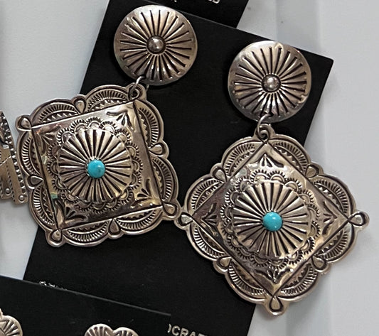 Navajo Handmade by Arnold Blackgoat Sterling & Turquoise Concho Post Earrings