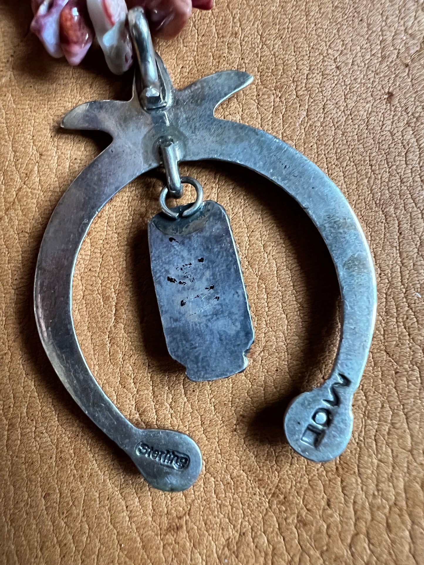 Vintage Navajo Handmade by Mary Cayatineto, Sunset Spiny Oyster & Cast Sterling Naja Pendant on a Spiny Chip Necklace 18”