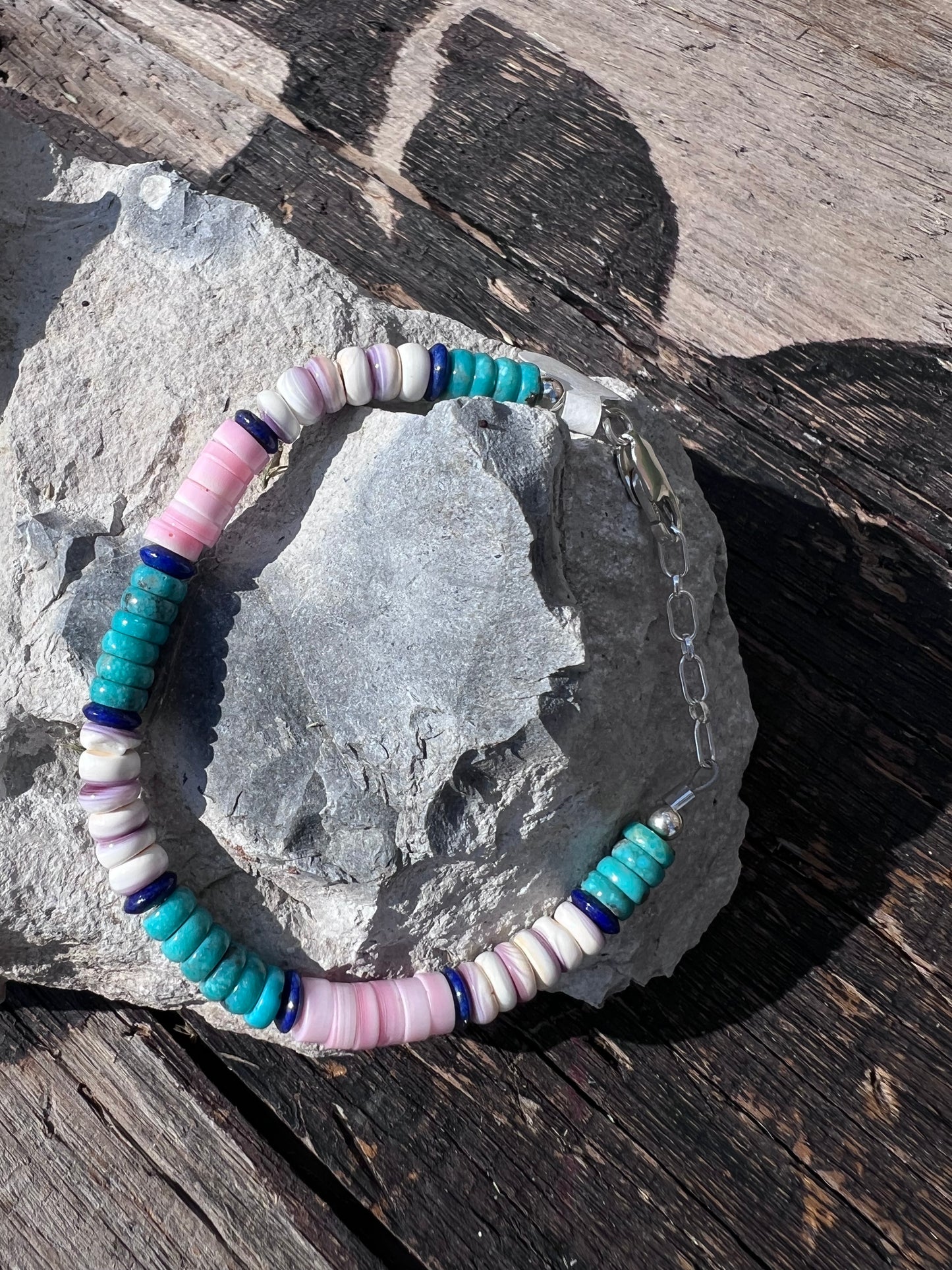 Lapis, Pink Conch, Turquoise, Wampum w/ Sterling Bracelet & Earrings Set