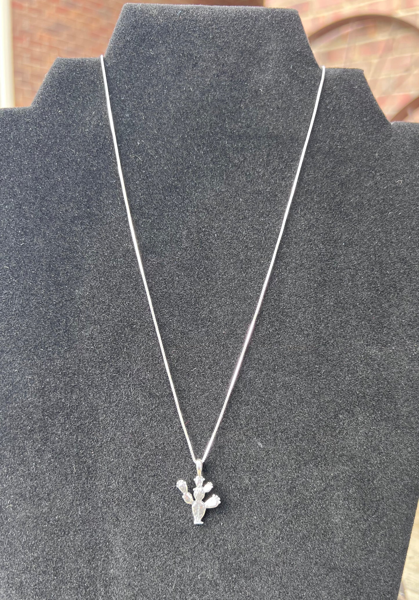 Sterling Silver Cactus Pendant & Box Chain Necklace 16”