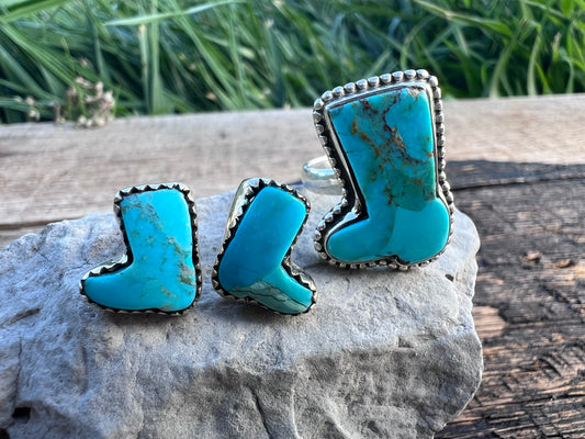 Southwest Sterling & Turquoise Cowboy Boot Post Earrings 1/2” & Ring 1” Sz 7 SET