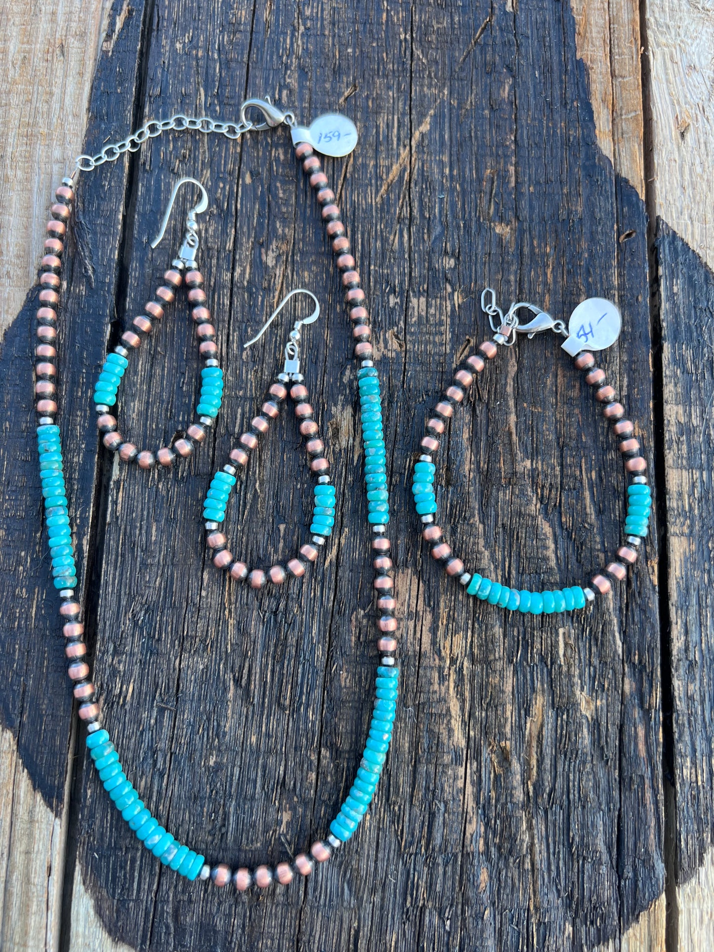 Copper, Sterling & Tyrone Turquoise Bead 5mm Necklace 16β, Bracelet 6-7β & Earrings 3β SET