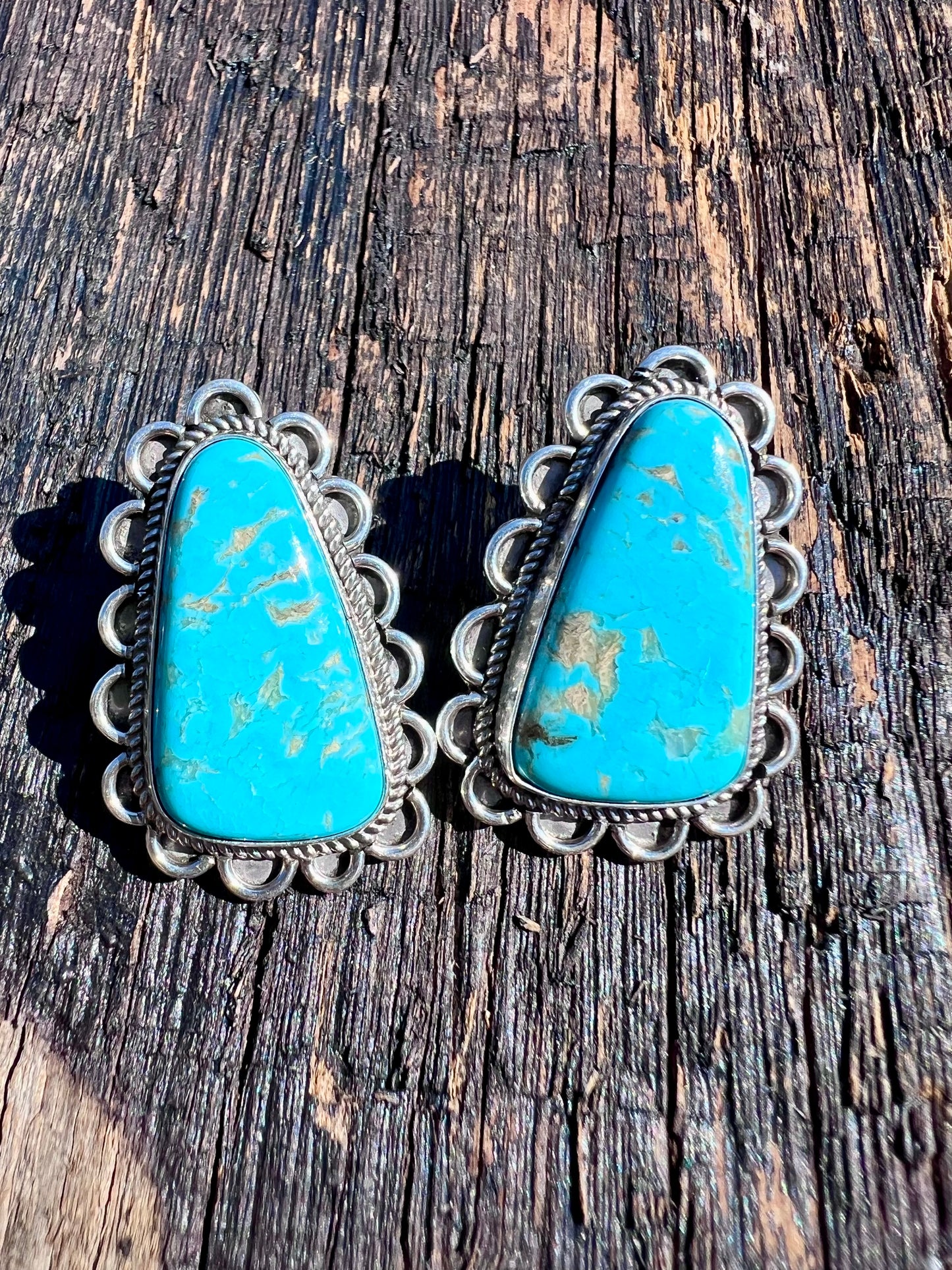 Native American Handmade Sterling & Carico Lake Turquoise Post Earrings 1 3/8β x 7/8β