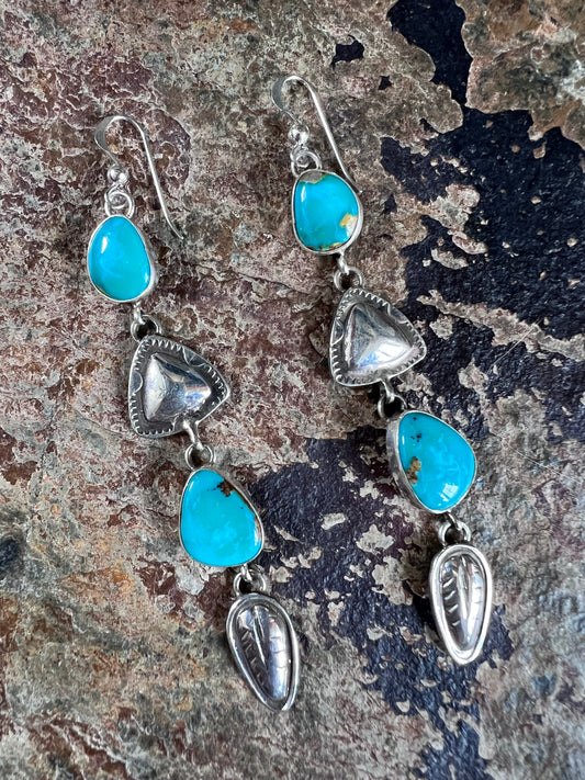 Native American Handmade by Dakota Willie - Tyrone Turquoise & Sterling Dangle Earrings 3.5β long