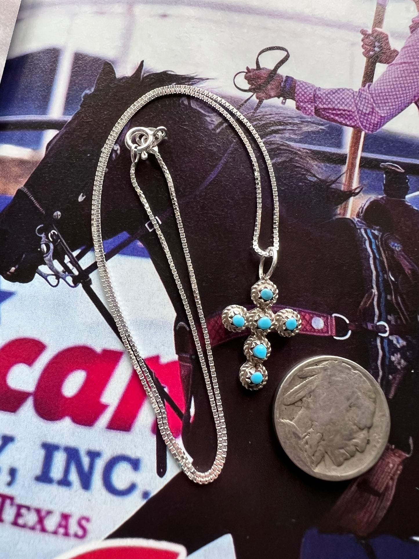 Handmade Sterling & Turquoise Cross Pendant on 16” Sterling Box Chain