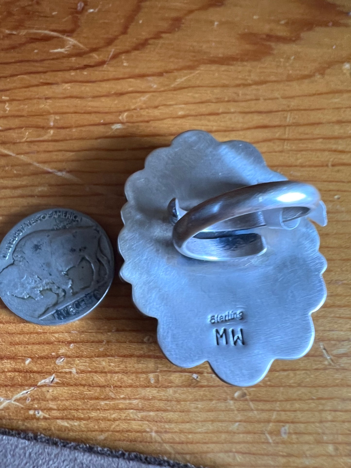 Native American Handmade by Miranda Willie, Sterling & Large Campitos Turquoise Stone Ring Sz 6.5 Adjustable