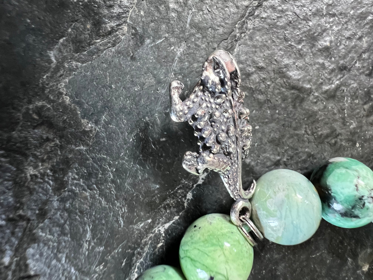 Variscite 10mm Bead Stretch Bracelet with Sterling Horn Toad Charm Sz 7.5