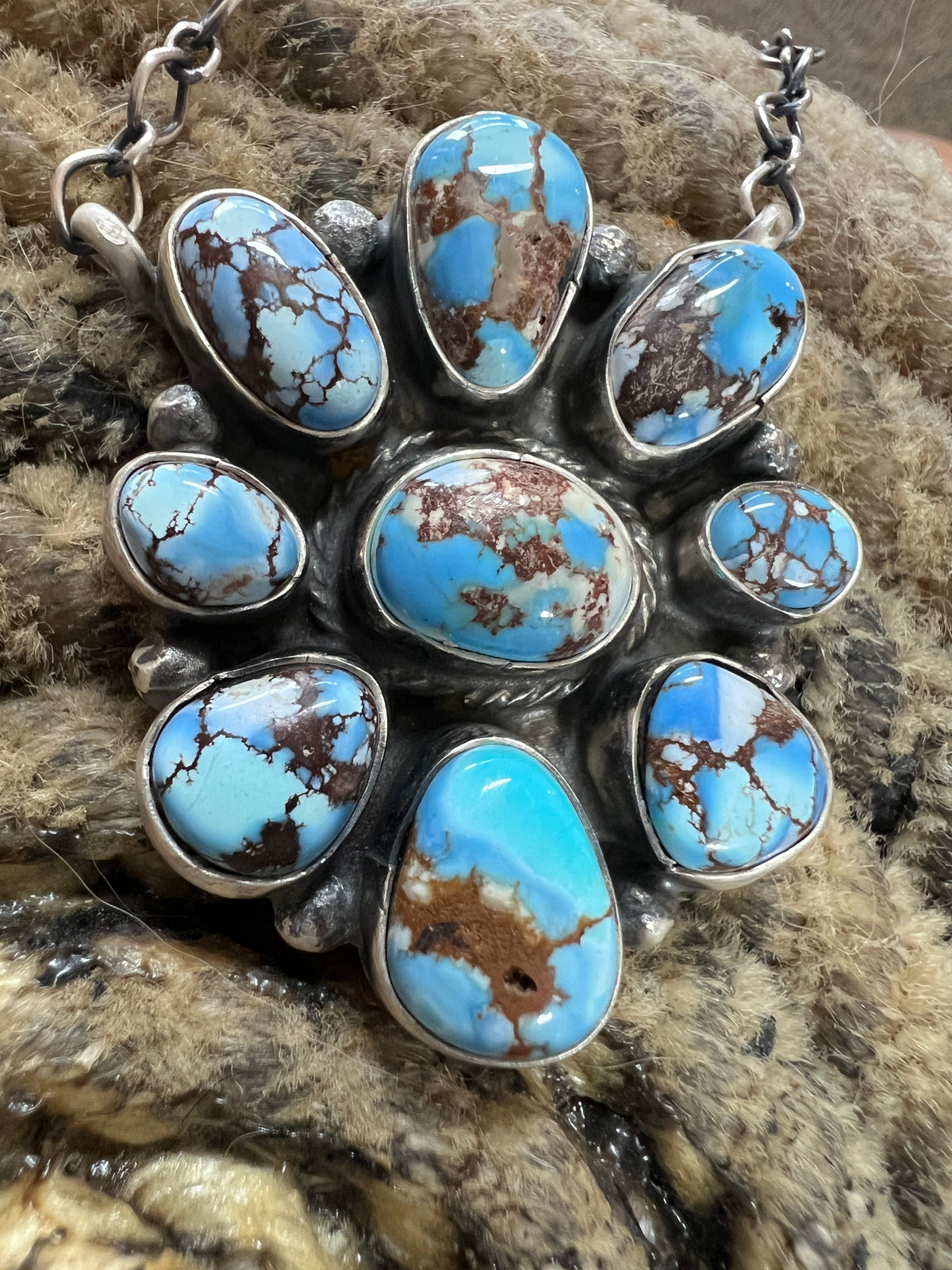 Native Handmade by Ella Peter Golden Hills Turquoise & Sterling Silver Cluster Pendant Necklace 18”