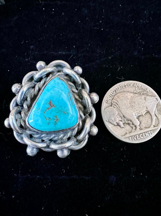 Vintage Navajo Handmade Heavy Sterling & Turquoise Ring Sz 8