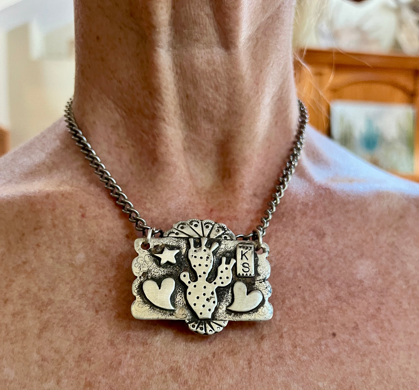 Kathy Sand’s Golden Hills Turquoise & Sterling Reversible Pendant with Cactus Design on a Heavy Sterling Chain Necklace