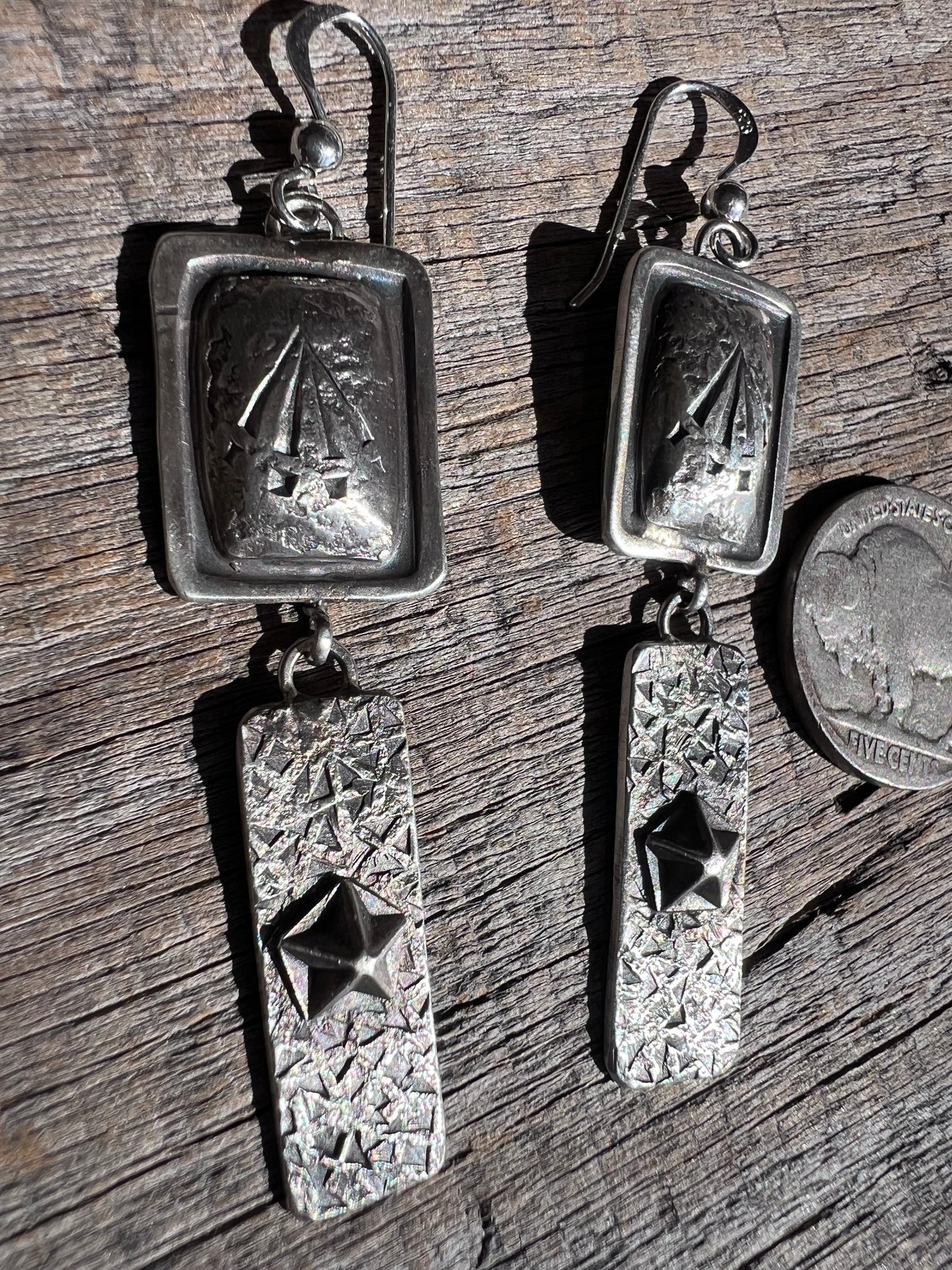 Native American Handmade by Dakota Willie. Sterling Silver Dangle Earrings 2 5/8” long