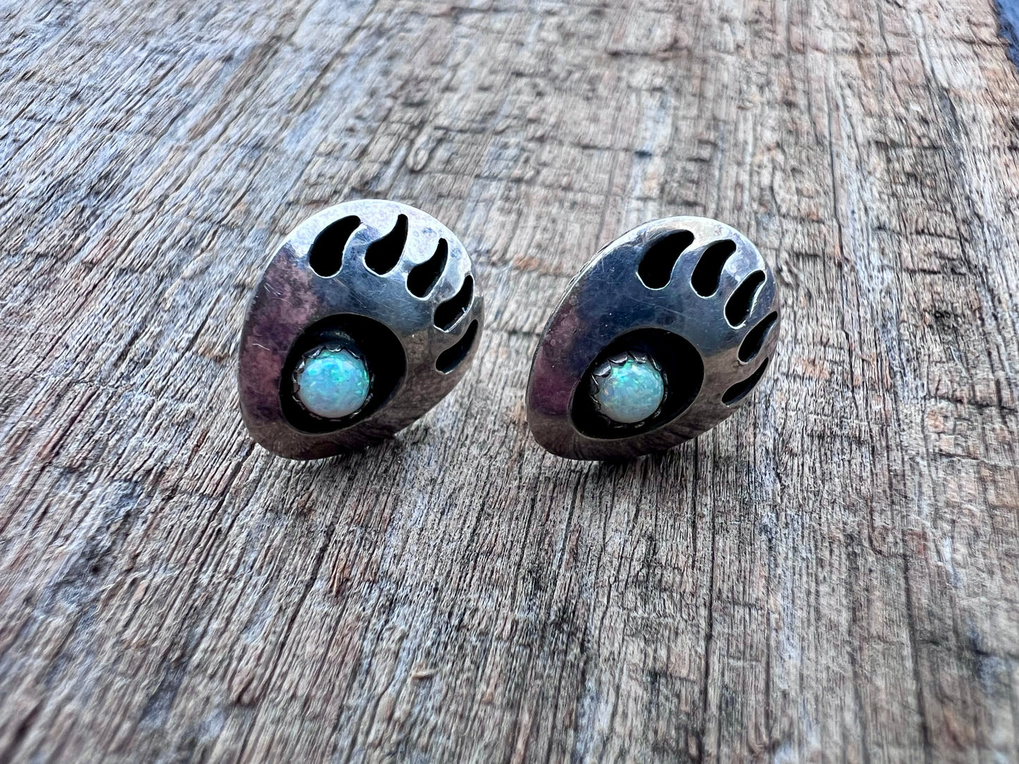 Vintage Native Navajo Handmade Sterling & Opal Bear Paw Post Earrings
