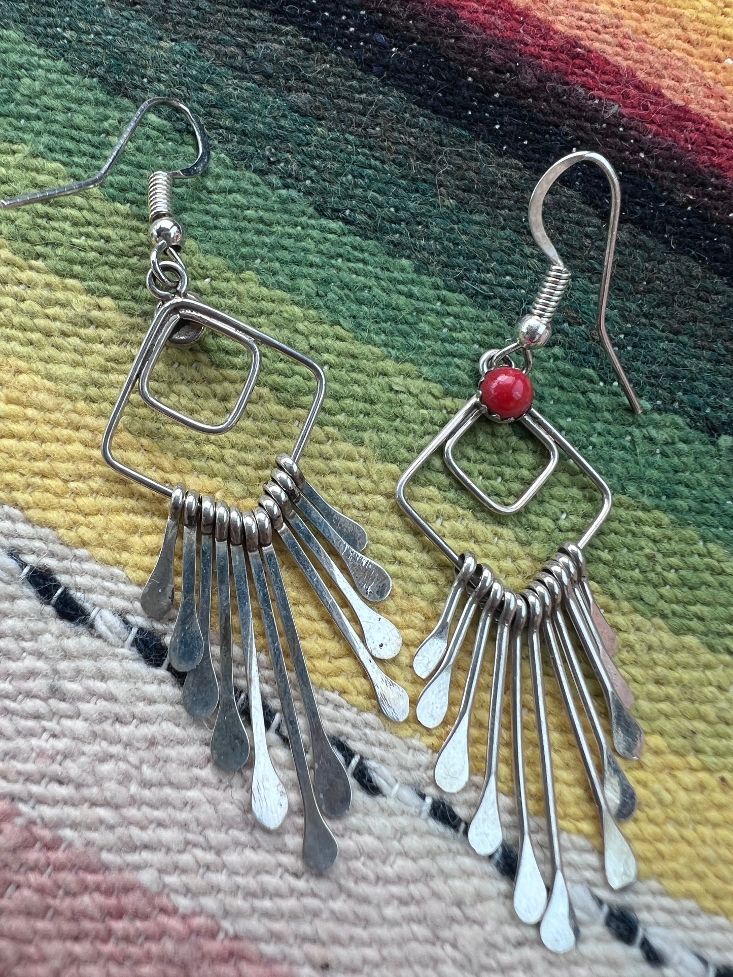 Native American Handmade Sterling & Red Coral Dangle Earrings 2.5β