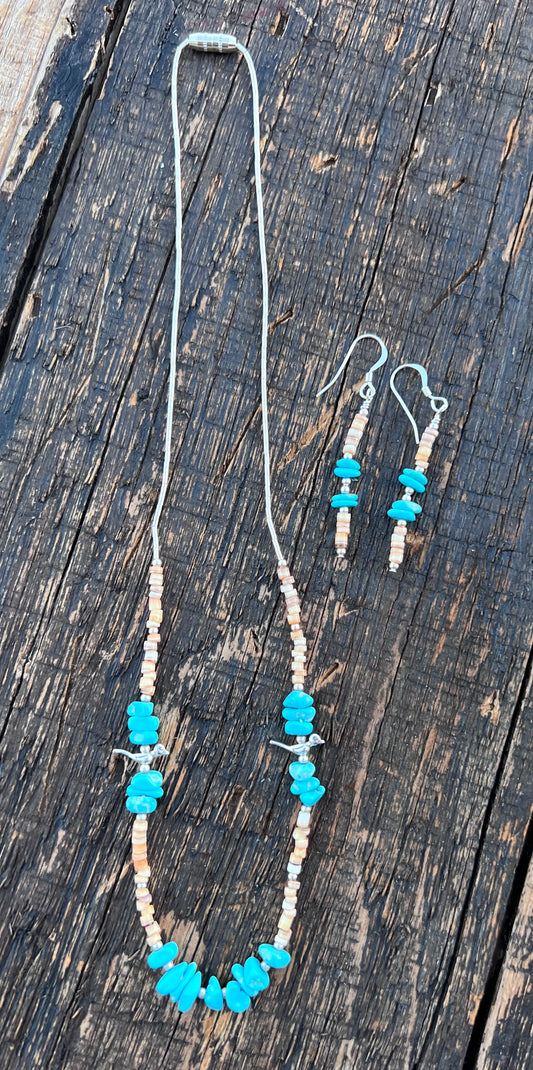Turquoise, Shell, Sterling Bird Fetish and bead 16β Necklace & Earring 2β  Set