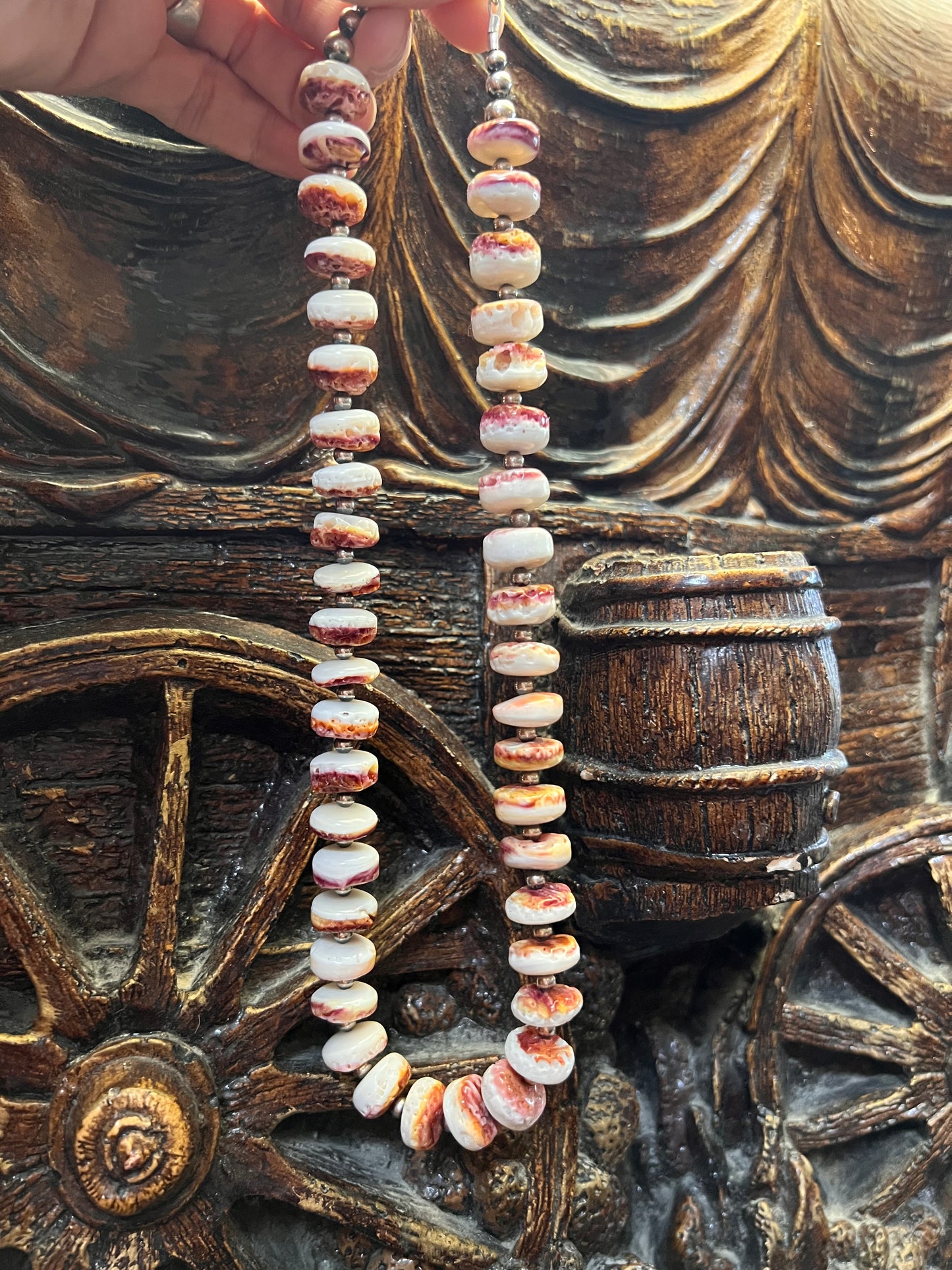 Chunky Spiny Oyster Disc Bead & Sterling Silver Necklace 20”