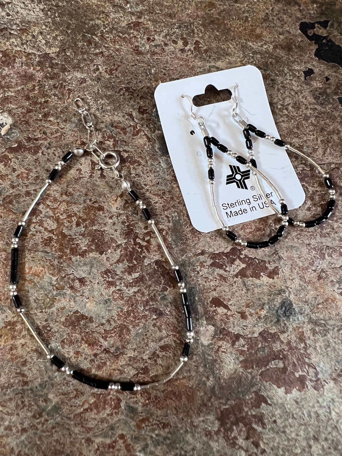Southwest Handmade Sterling & Onyx Dangle Earrings, Wrist & Ankle Bracelet Set